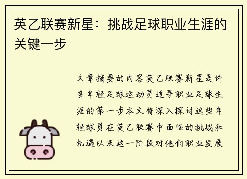 英乙联赛新星：挑战足球职业生涯的关键一步